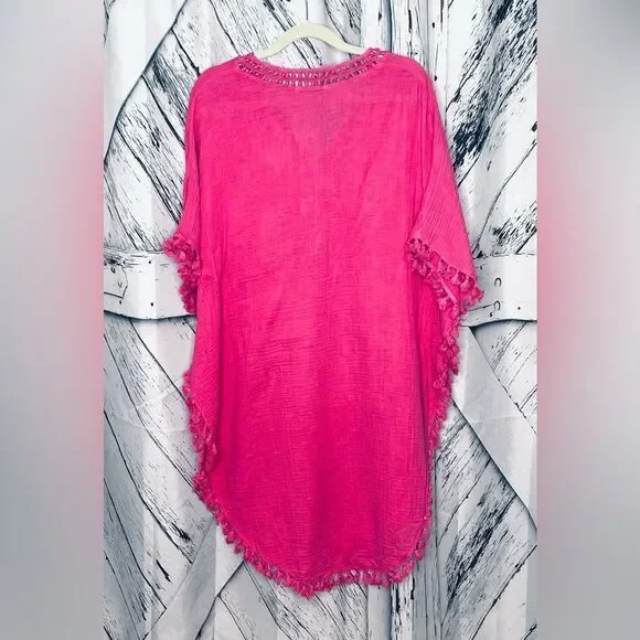 Michael Stars Holly gauze tassel beach coverup pink OS - Picture 5 of 6